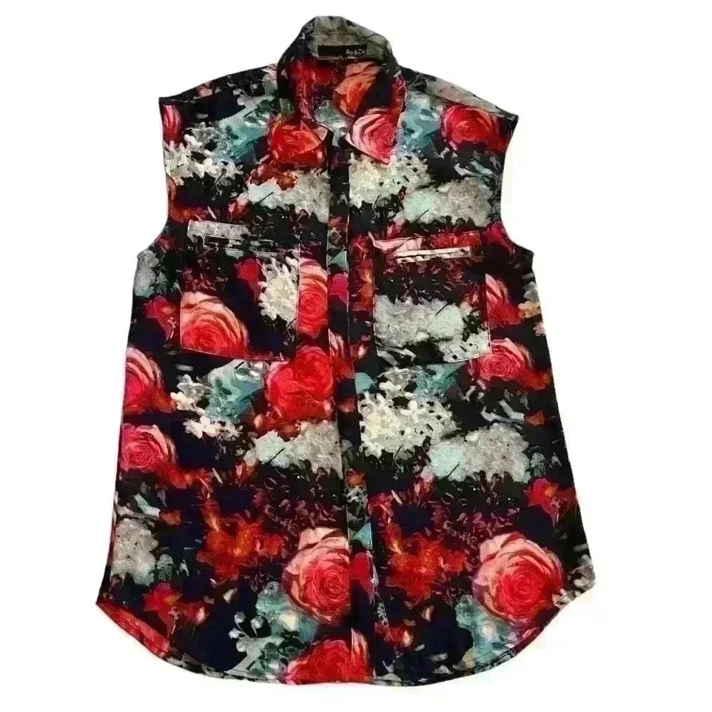 Ro & De Floral Sleeveless Button Down Blouse, EUC, Size Small